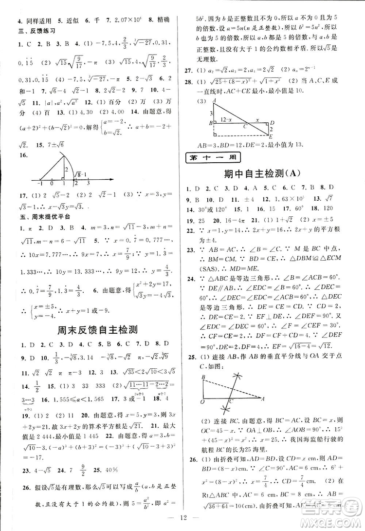 2019亮點給力周末優(yōu)化設(shè)計大試卷數(shù)學八年級上冊江蘇版答案