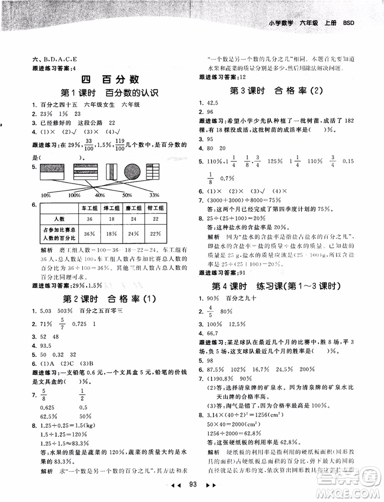 53天天練數(shù)學六年級上冊北師大版9787504197894參考答案