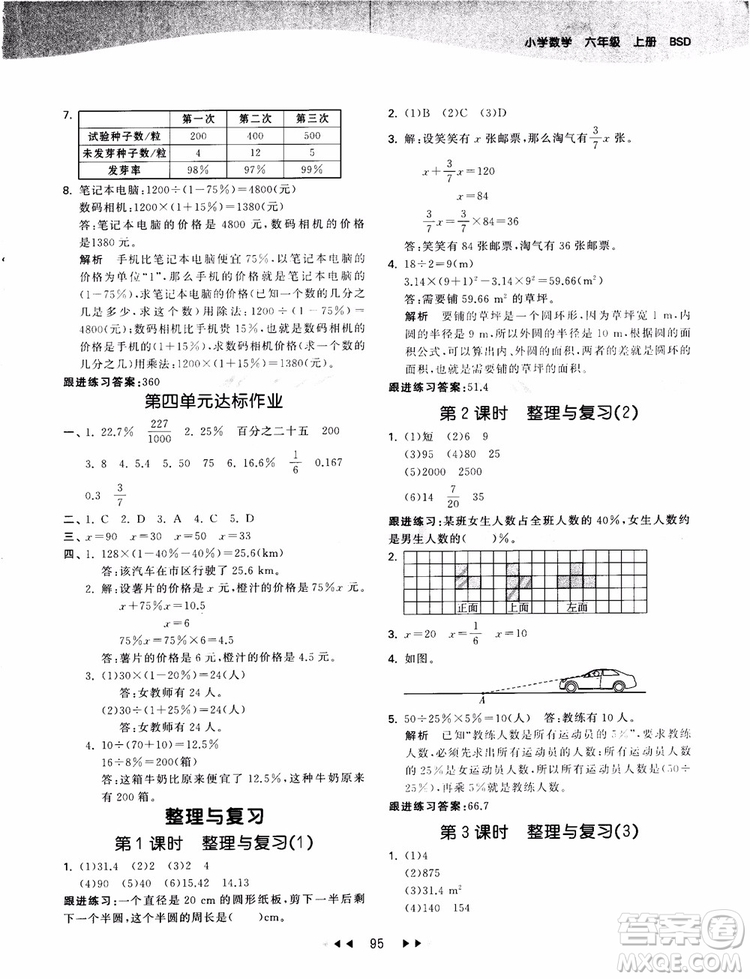 53天天練數(shù)學六年級上冊北師大版9787504197894參考答案