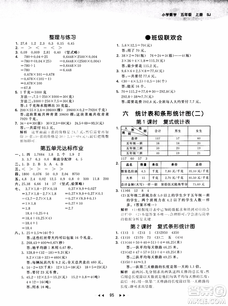 53天天練五年級數(shù)學(xué)上冊SJ蘇教版9787504197856參考答案