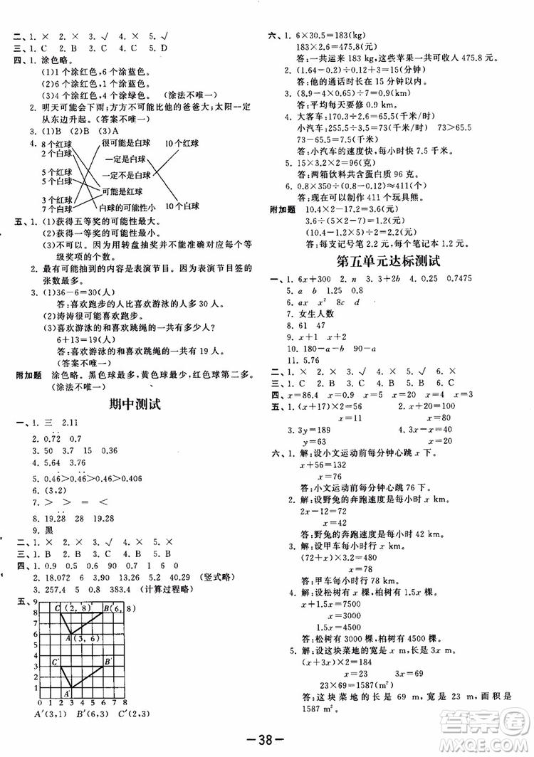 53天天練五年級上冊數(shù)學(xué)人教版9787504196156參考答案