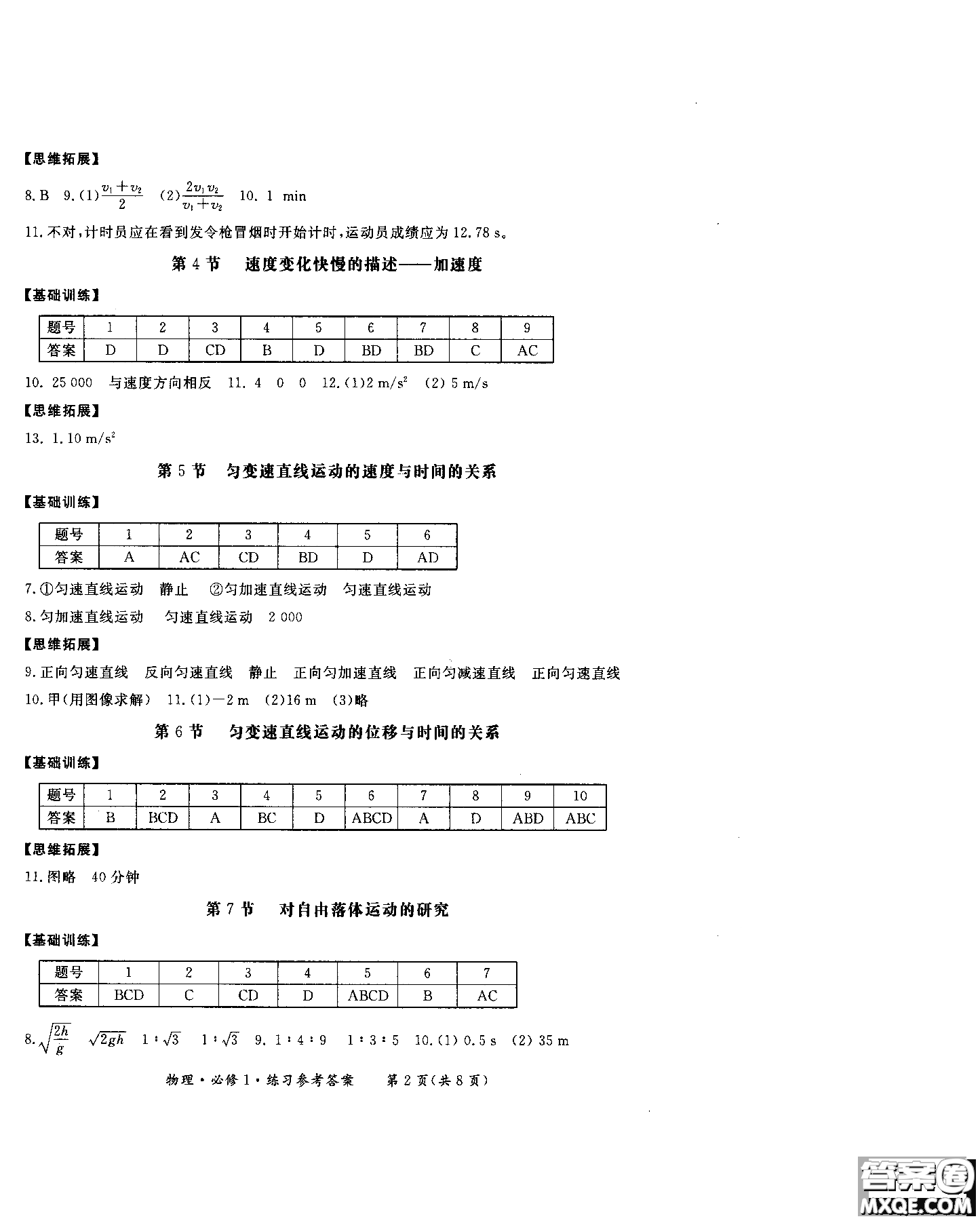 2018年形成性練習與檢測高中物理必修1參考答案