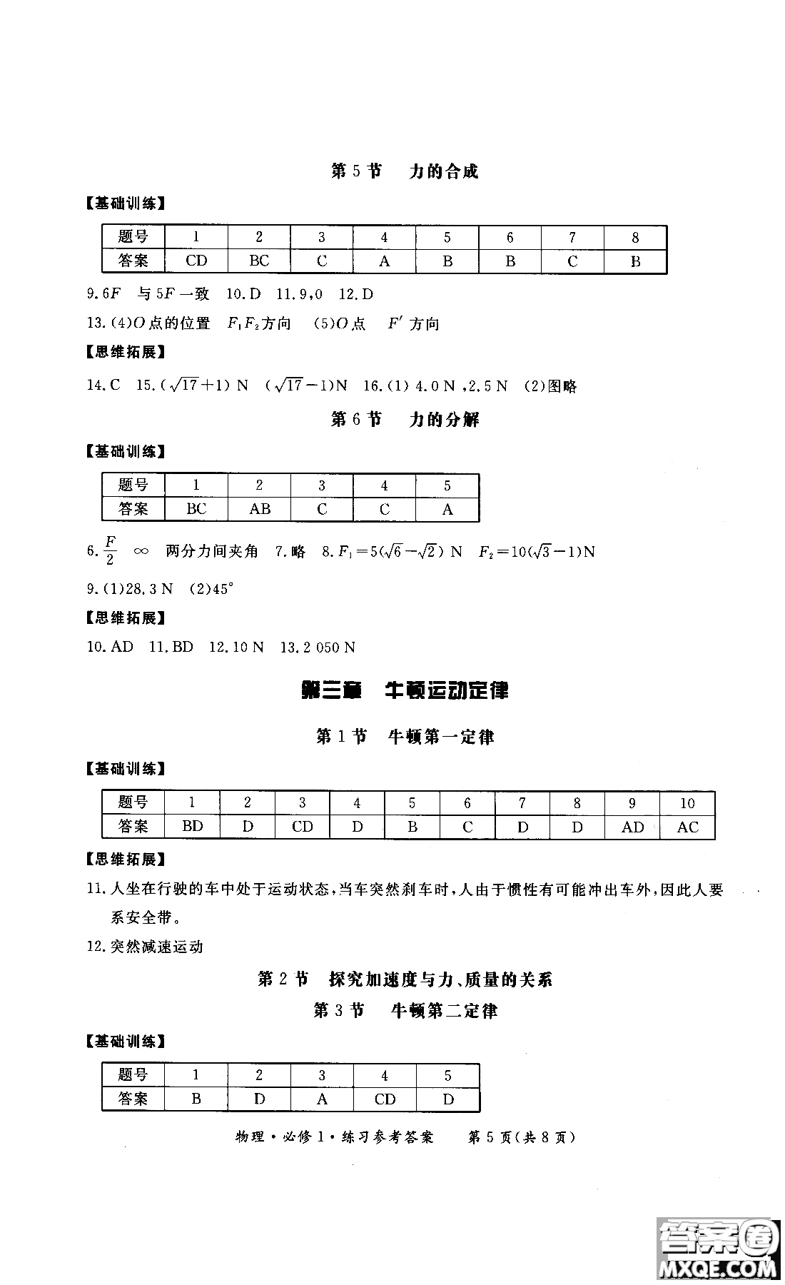 2018年形成性練習與檢測高中物理必修1參考答案