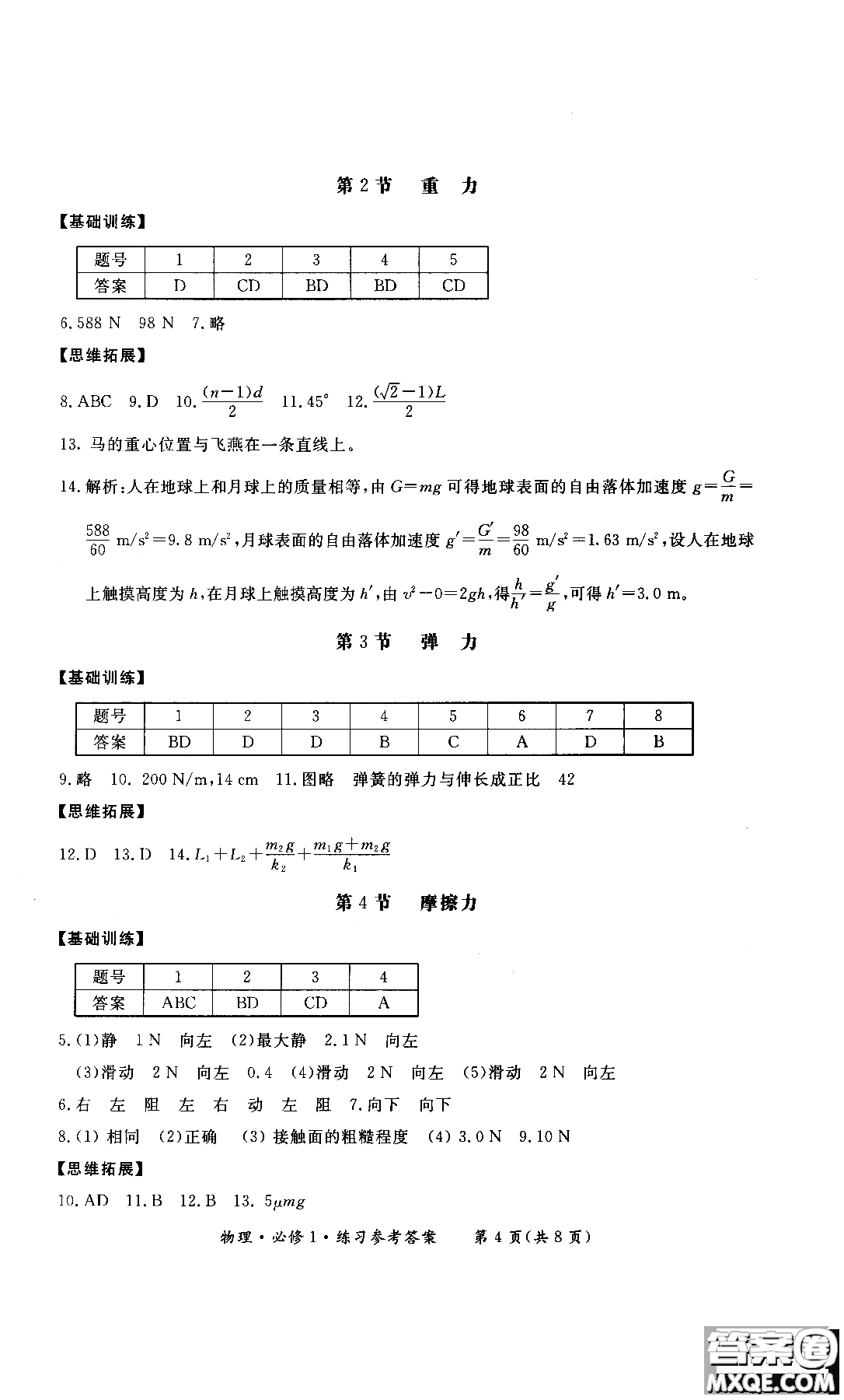 2018年形成性練習與檢測高中物理必修1參考答案