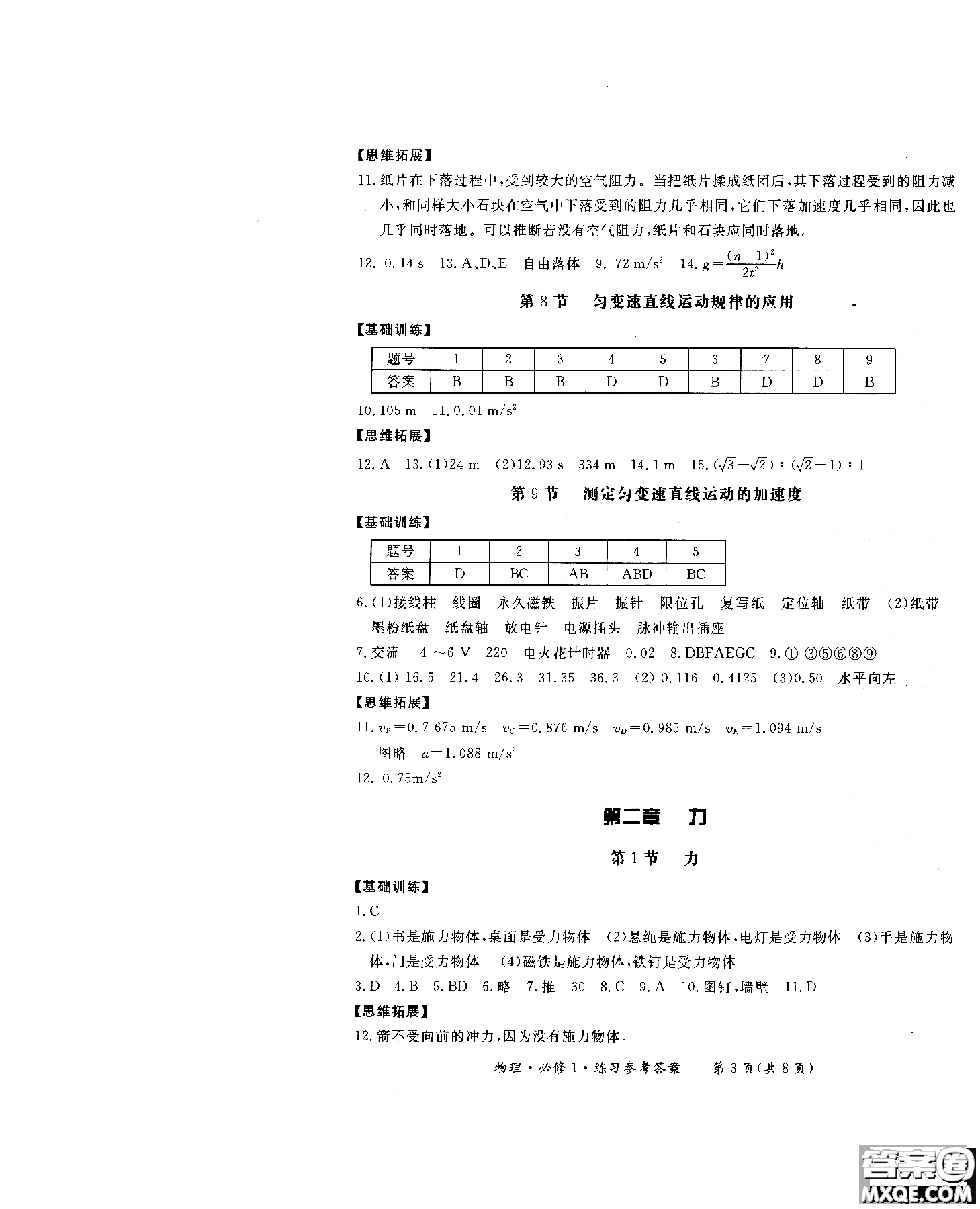 2018年形成性練習與檢測高中物理必修1參考答案