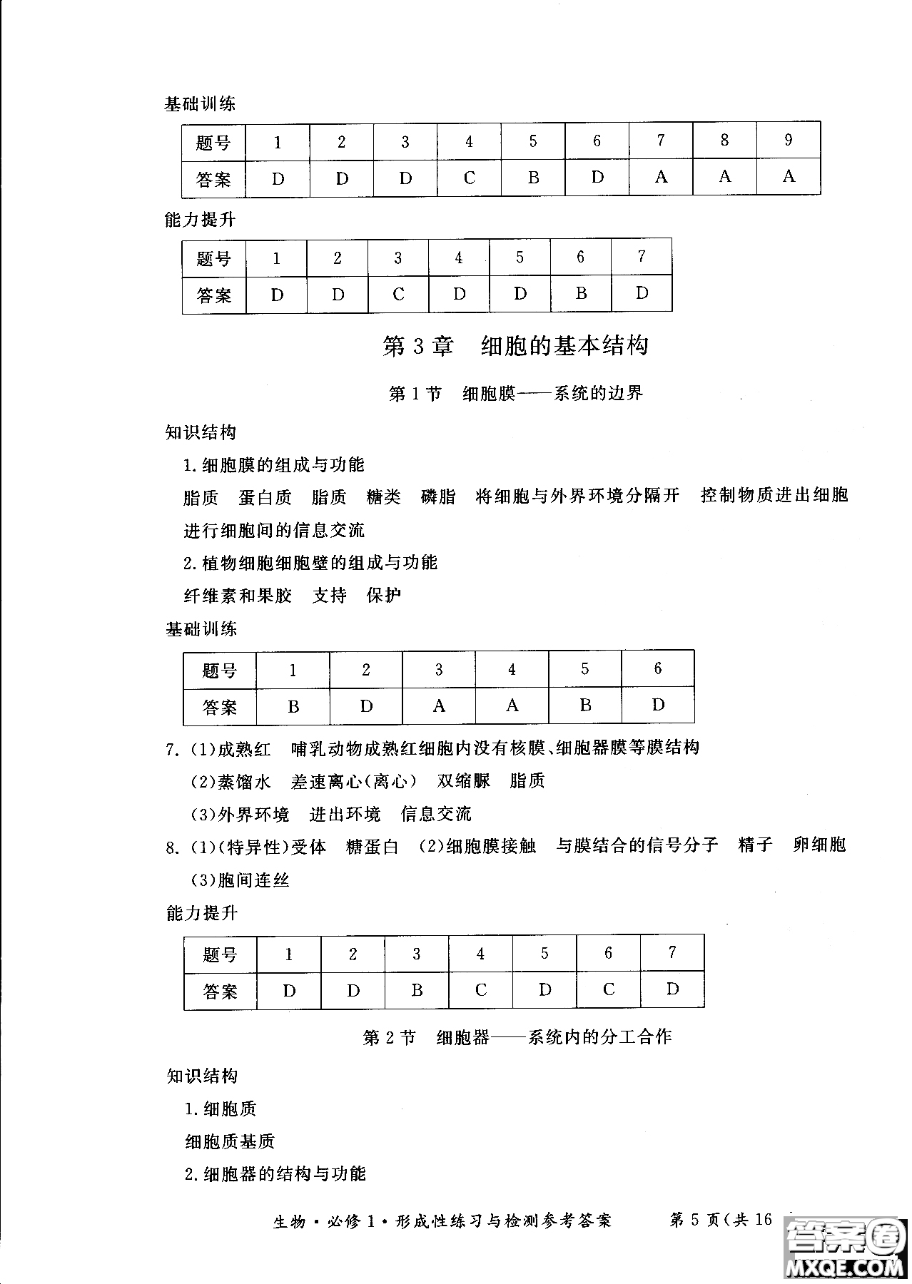 2018秋新課標(biāo)形成性練習(xí)與檢測(cè)生物必修1參考答案