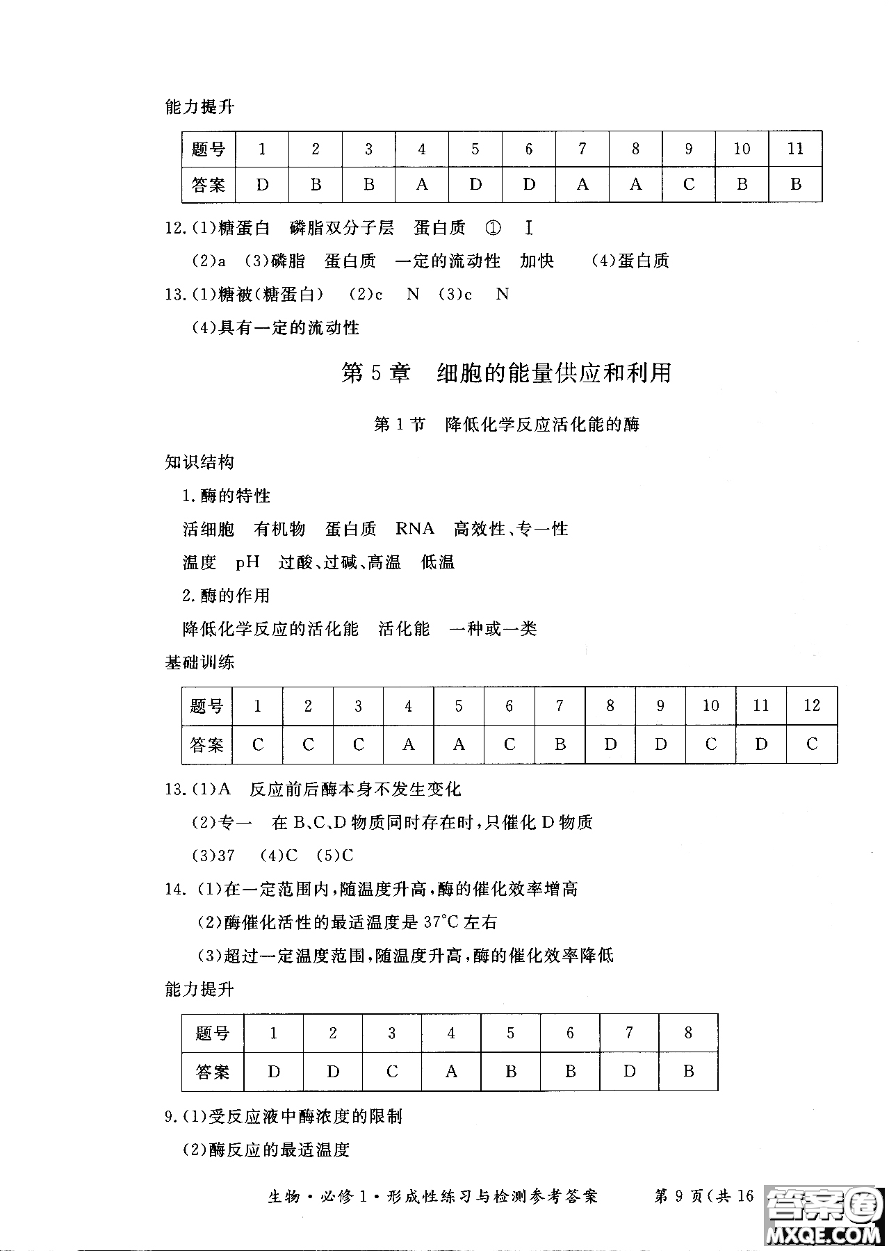 2018秋新課標(biāo)形成性練習(xí)與檢測(cè)生物必修1參考答案