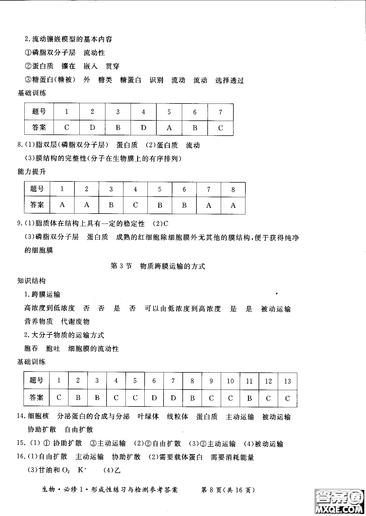 2018秋新課標(biāo)形成性練習(xí)與檢測(cè)生物必修1參考答案