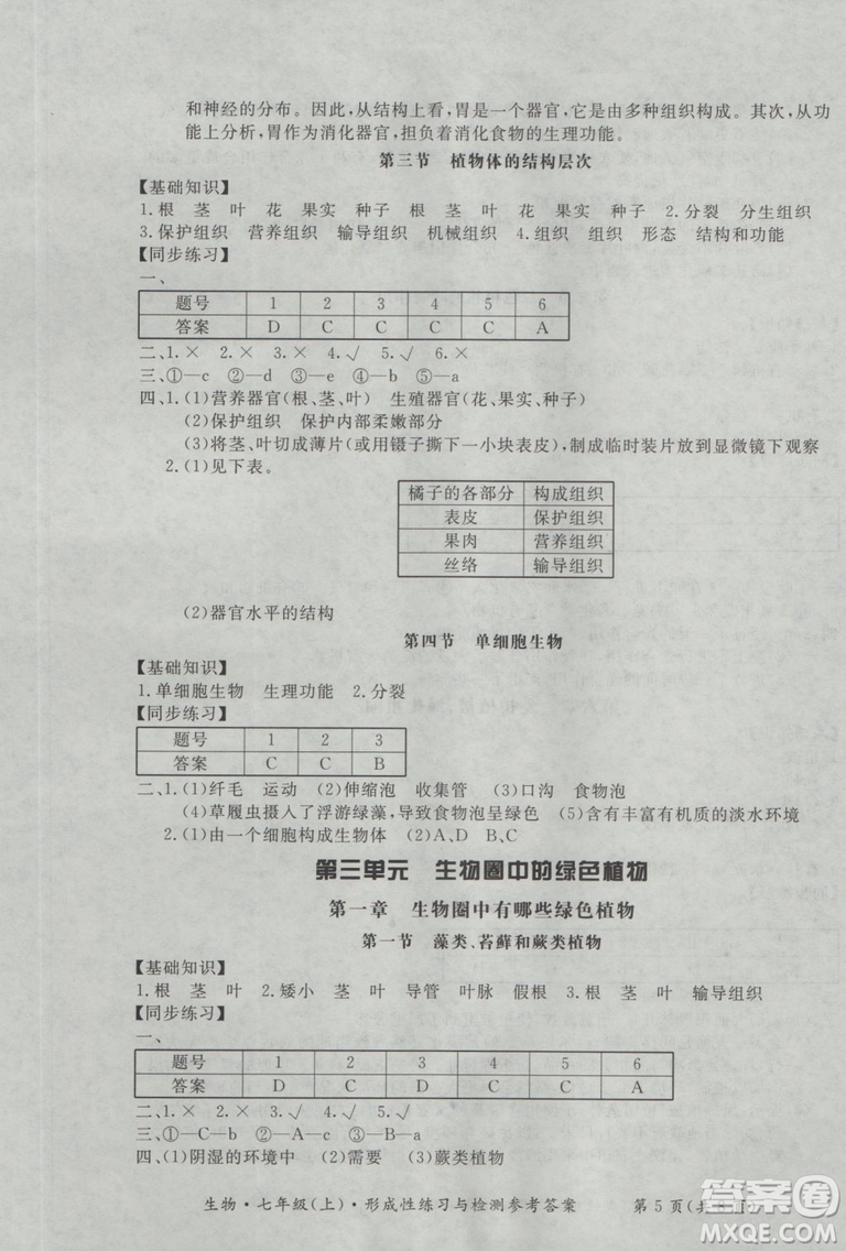 新課標(biāo)形成性練習(xí)與檢測(cè)七年級(jí)生物上冊(cè)2018參考答案