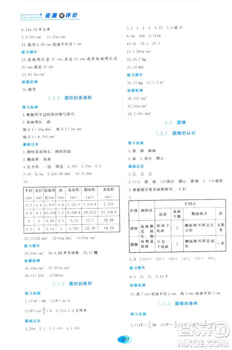 五四學制2018資源與評價六年級數(shù)學上冊人教版參考答案