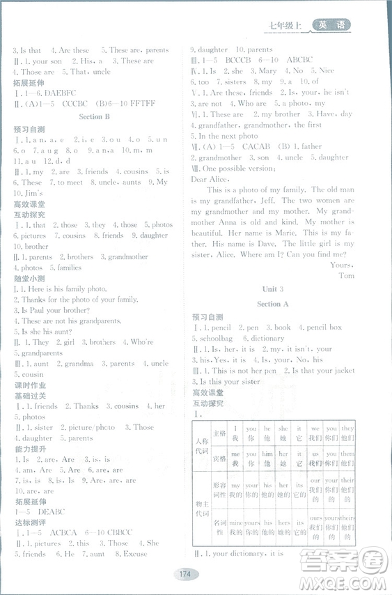 2018人教版資源與評價七年級英語上冊參考答案