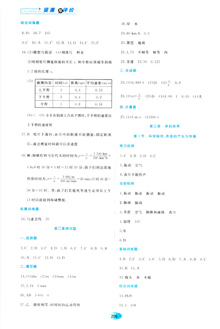 2018資源與評(píng)價(jià)物理八年級(jí)上冊(cè)蘇教版參考答案