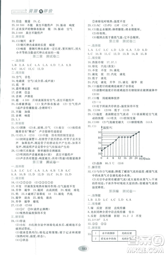 2018資源與評價物理八年級上冊人教版參考答案