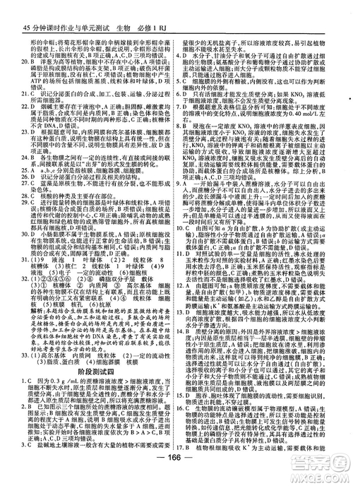 人教版45分鐘課時作業(yè)與單元測試高中生物必修1參考答案