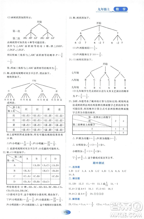 2018資源與評價數(shù)學(xué)九年級上冊人教版參考答案