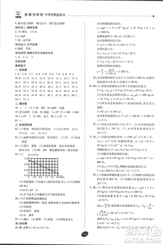 2018年資源與評價中考全程總復(fù)習(xí)物理D版參考答案