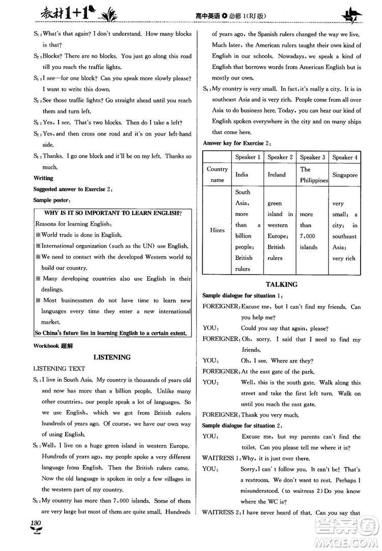 2018人教版教材1+1高中英語(yǔ)必修1參考答案