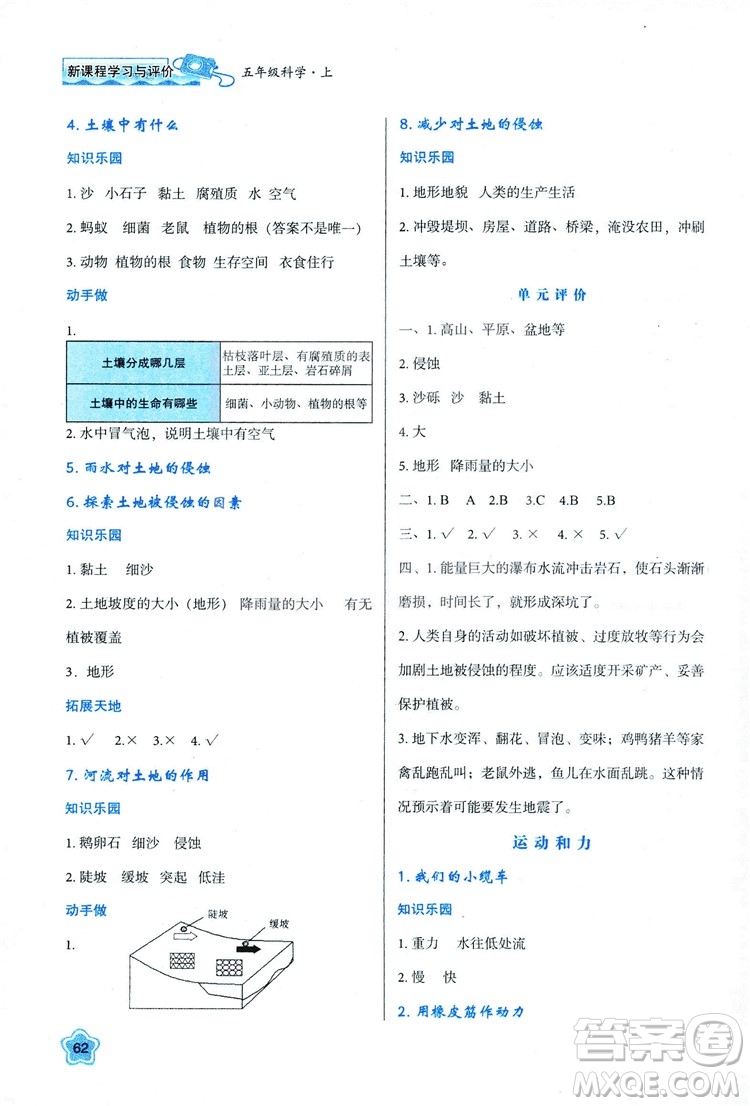 2018新版小學(xué)生五年級(jí)科學(xué)新課程學(xué)習(xí)與評(píng)價(jià)上冊(cè)K版人教版答案