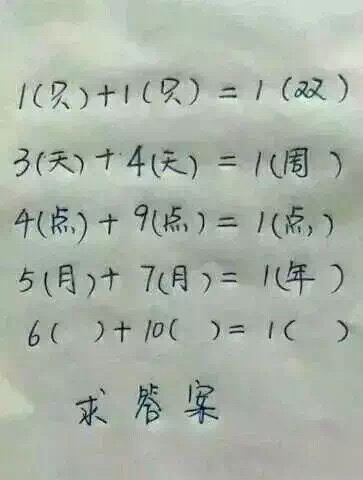 1只+1只=1雙 3天+4天=1周 4點(diǎn)+9點(diǎn)=1點(diǎn) 5月+7月+1年 問6（）+10（）=1（）