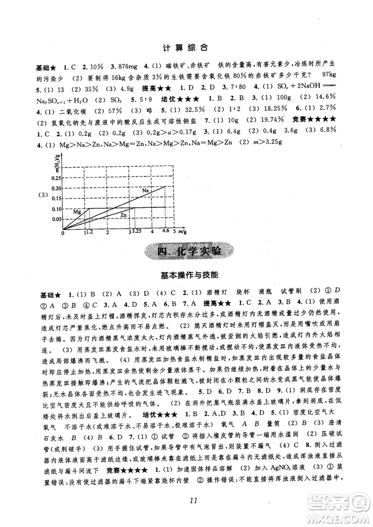 2018年常春藤初中四星級題庫化學(xué)參考答案