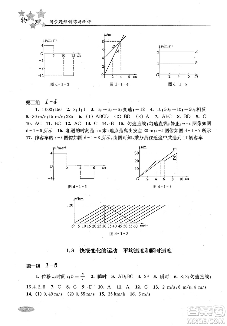 2018年高中五星級同步題組訓練與測評高一年級第一學期物理參考答案