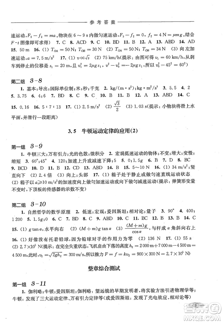 2018年高中五星級同步題組訓練與測評高一年級第一學期物理參考答案