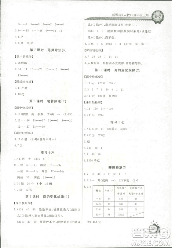 2018秋長(zhǎng)江全能學(xué)案同步練習(xí)冊(cè)四年級(jí)上冊(cè)數(shù)學(xué)人教版參考答案