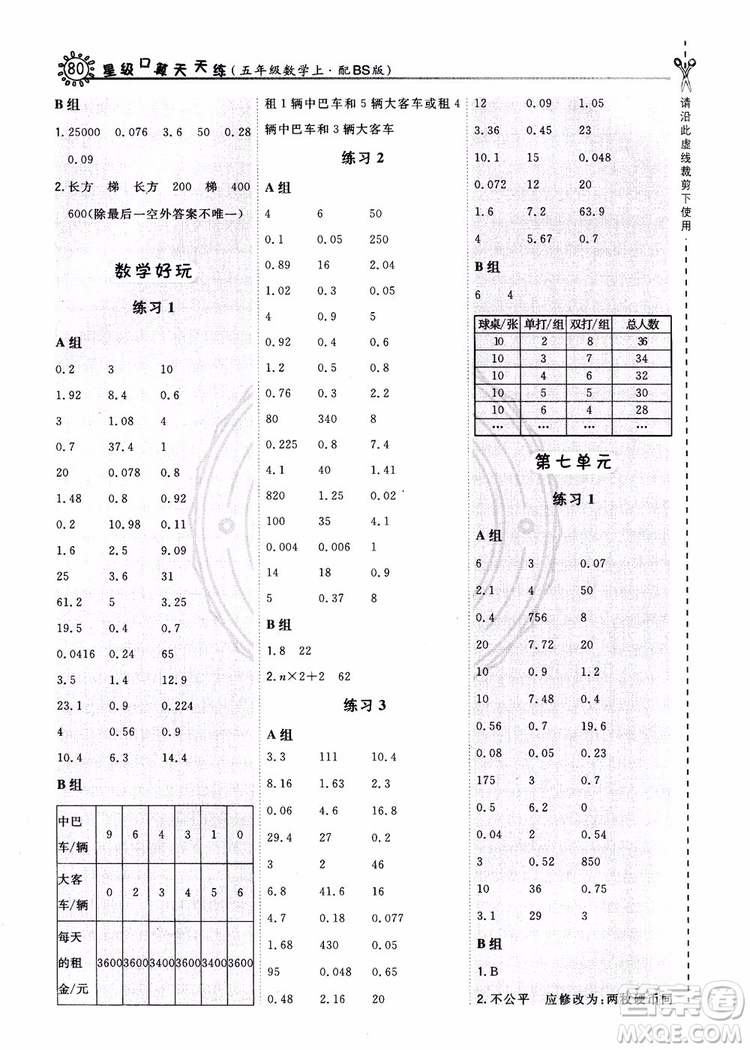 2018秋新版榮德基星級口算天天練五年級上冊數(shù)學(xué)BS北師版參考答案