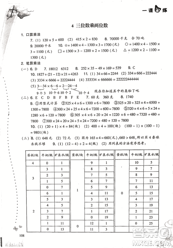 2018升級(jí)版小學(xué)數(shù)學(xué)一課四練四年級(jí)上冊(cè)人教版參考答案