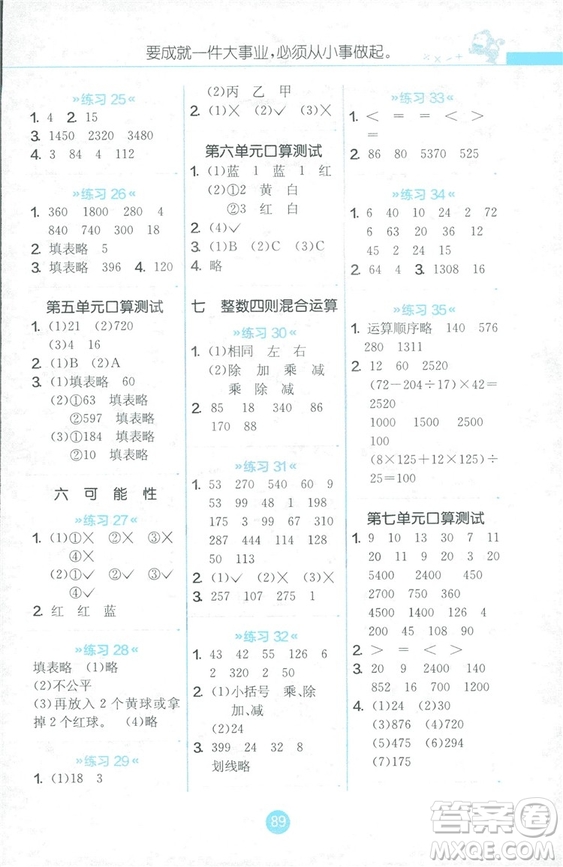 2018秋小學(xué)數(shù)學(xué)口算心算速算天天練四年級(jí)上冊(cè)JSJY江蘇版答案