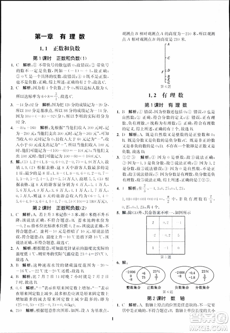 2018秋拔尖作業(yè)本七年級(jí)數(shù)學(xué)上冊(cè)RJ人教版參考答案