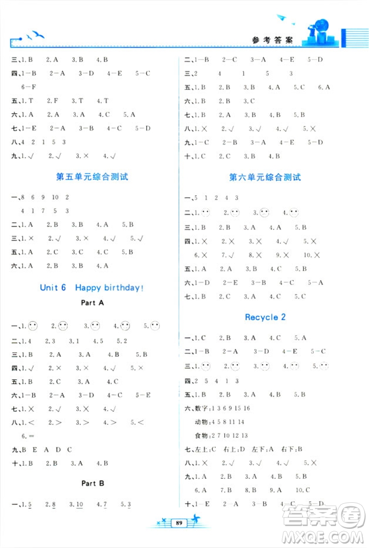 2018新陽光課堂金牌練習冊英語三年級上冊人教版PEP答案