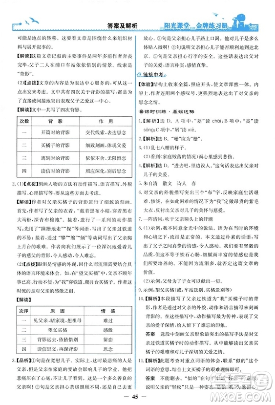 2018秋陽光課堂金牌練習冊語文八年級上冊人教版答案