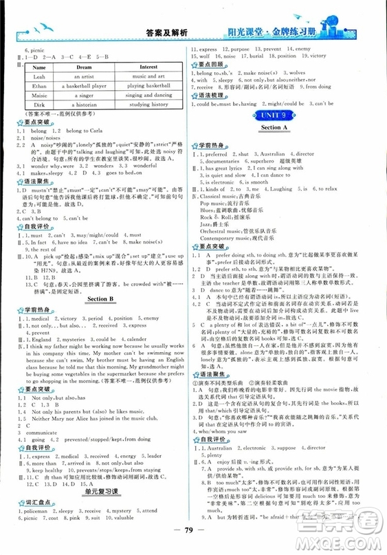 2018人教版陽(yáng)光課堂金牌練習(xí)冊(cè)九年級(jí)英語(yǔ)全一冊(cè)參考答案