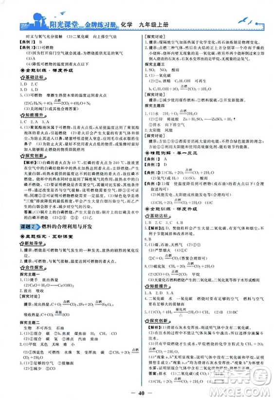 2018秋陽(yáng)光課堂金牌練習(xí)冊(cè)化學(xué)九年級(jí)上冊(cè)人教版答案