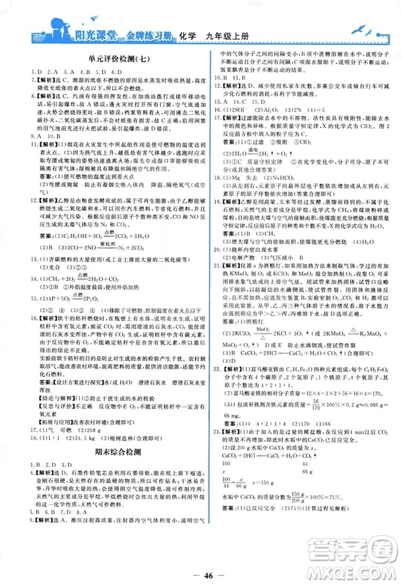 2018秋陽(yáng)光課堂金牌練習(xí)冊(cè)化學(xué)九年級(jí)上冊(cè)人教版答案