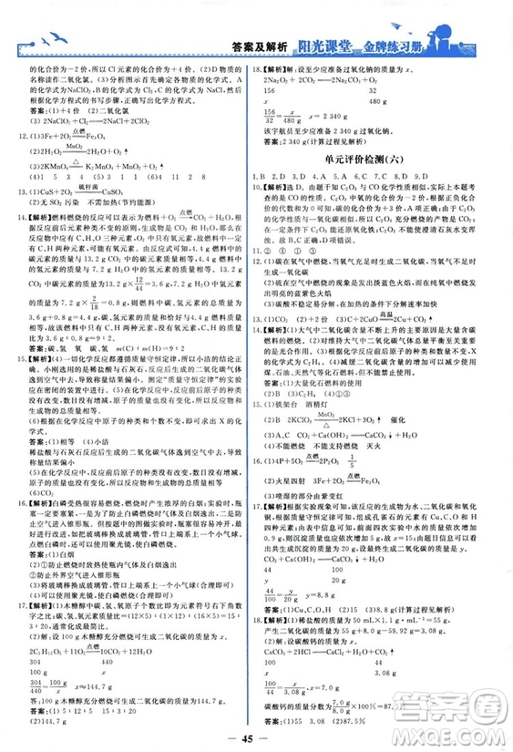 2018秋陽(yáng)光課堂金牌練習(xí)冊(cè)化學(xué)九年級(jí)上冊(cè)人教版答案