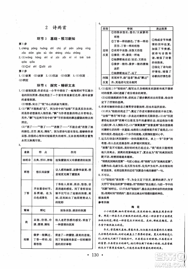 2018長江作業(yè)本同步練習冊語文必修1人教版參考答案