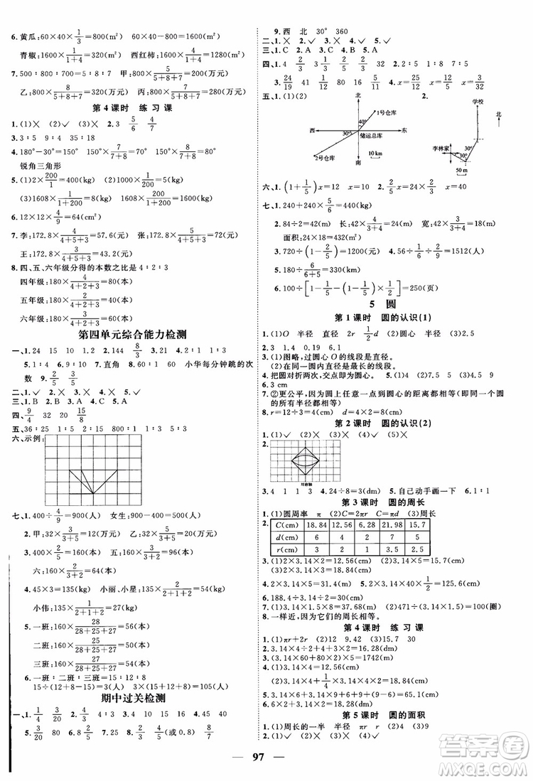 2018秋陽(yáng)光同學(xué)六年級(jí)上冊(cè)數(shù)學(xué)課時(shí)優(yōu)化作業(yè)人教版RJ參考答案