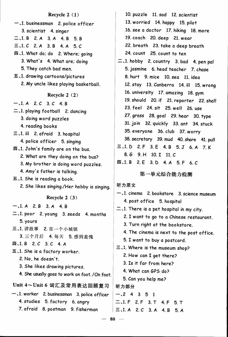 2018秋陽光同學(xué)六年級(jí)上冊英語課時(shí)優(yōu)化作業(yè)人教版RJ參考答案