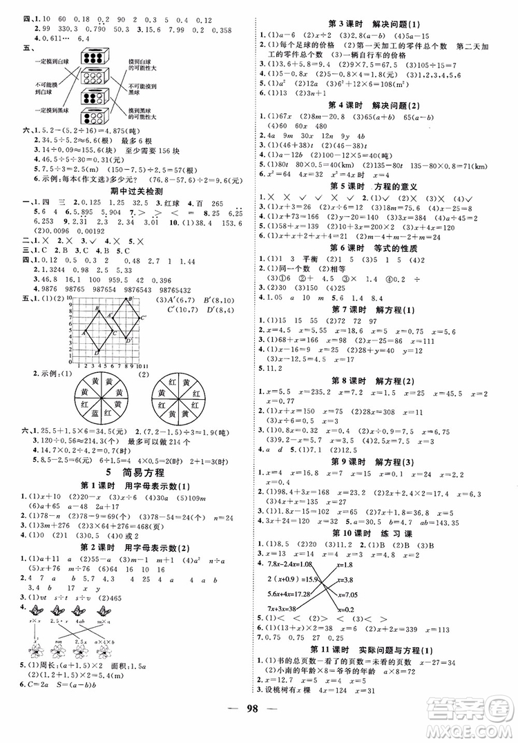 2018秋陽(yáng)光同學(xué)課時(shí)優(yōu)化作業(yè)五年級(jí)上冊(cè)數(shù)學(xué)人教版RJ參考答案