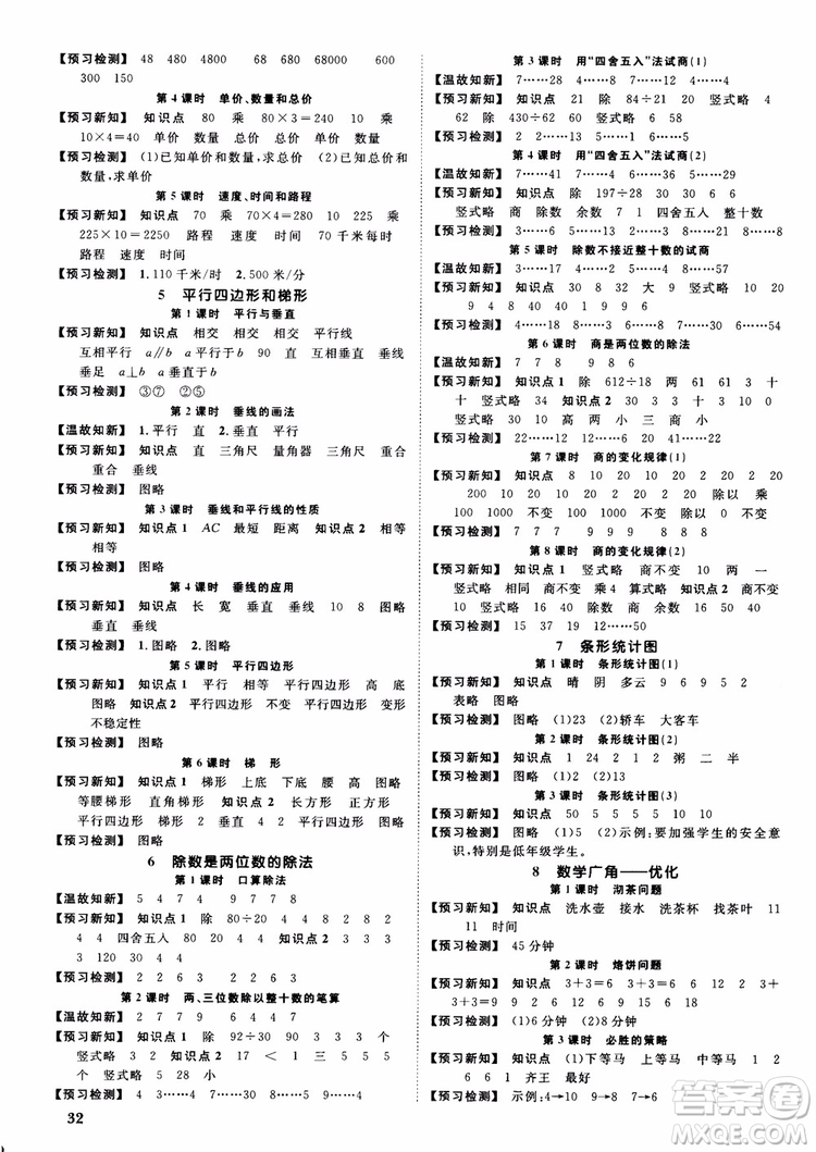 2018秋陽光同學四年級上冊數(shù)學課時優(yōu)化作業(yè)人教版RJ參考答案