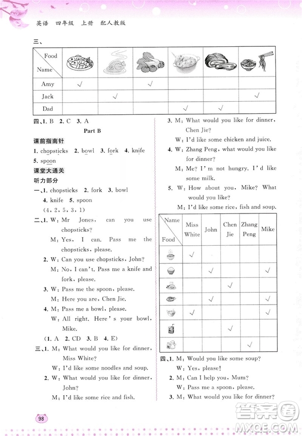 2018人教版新課程學習與測評英語四年級上冊參考答案