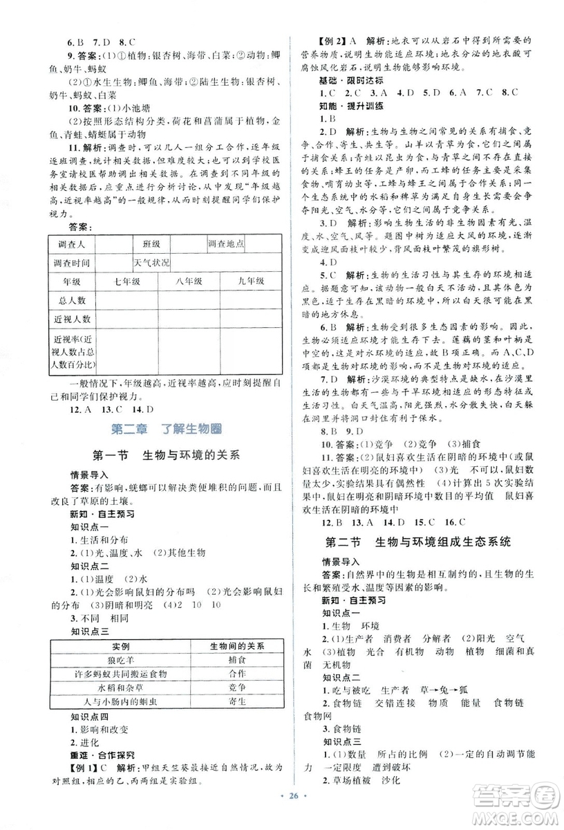 2018人教版新課標(biāo)初中同步學(xué)習(xí)目標(biāo)與檢測七年級生物上冊參考答案