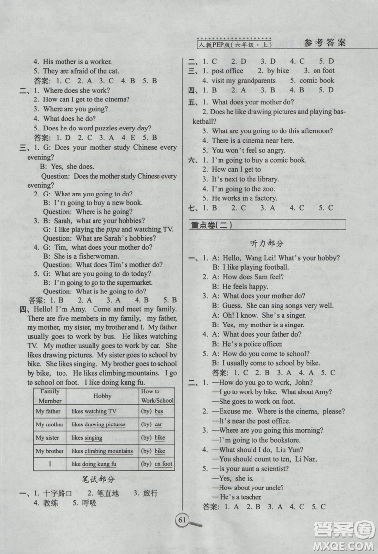 2018秋15天巧奪100分六年級(jí)英語(yǔ)上冊(cè)人教版PEP參考答案