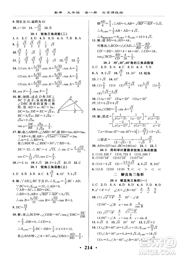 2018版新課改課堂作業(yè)九年級數(shù)學(xué)全一冊北京課改版參考答案