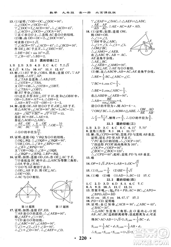 2018版新課改課堂作業(yè)九年級數(shù)學(xué)全一冊北京課改版參考答案