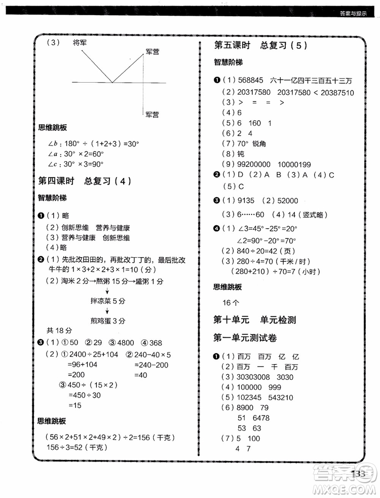 2018年小學(xué)數(shù)學(xué)課內(nèi)培優(yōu)跟蹤練習(xí)冊四年級上冊參考答案