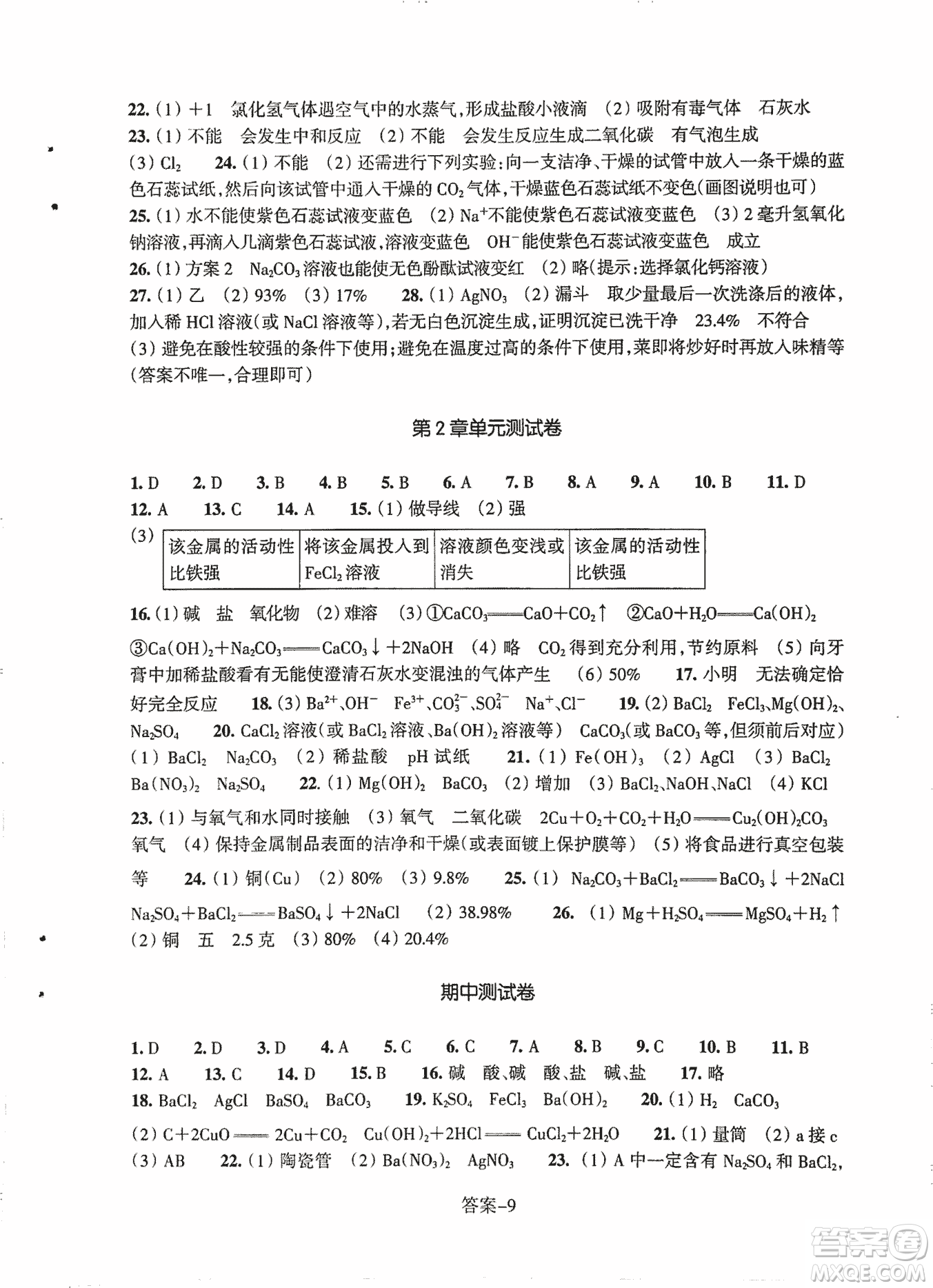 2018每課一練科學(xué)ZH版九年級(jí)上冊(cè)參考答案