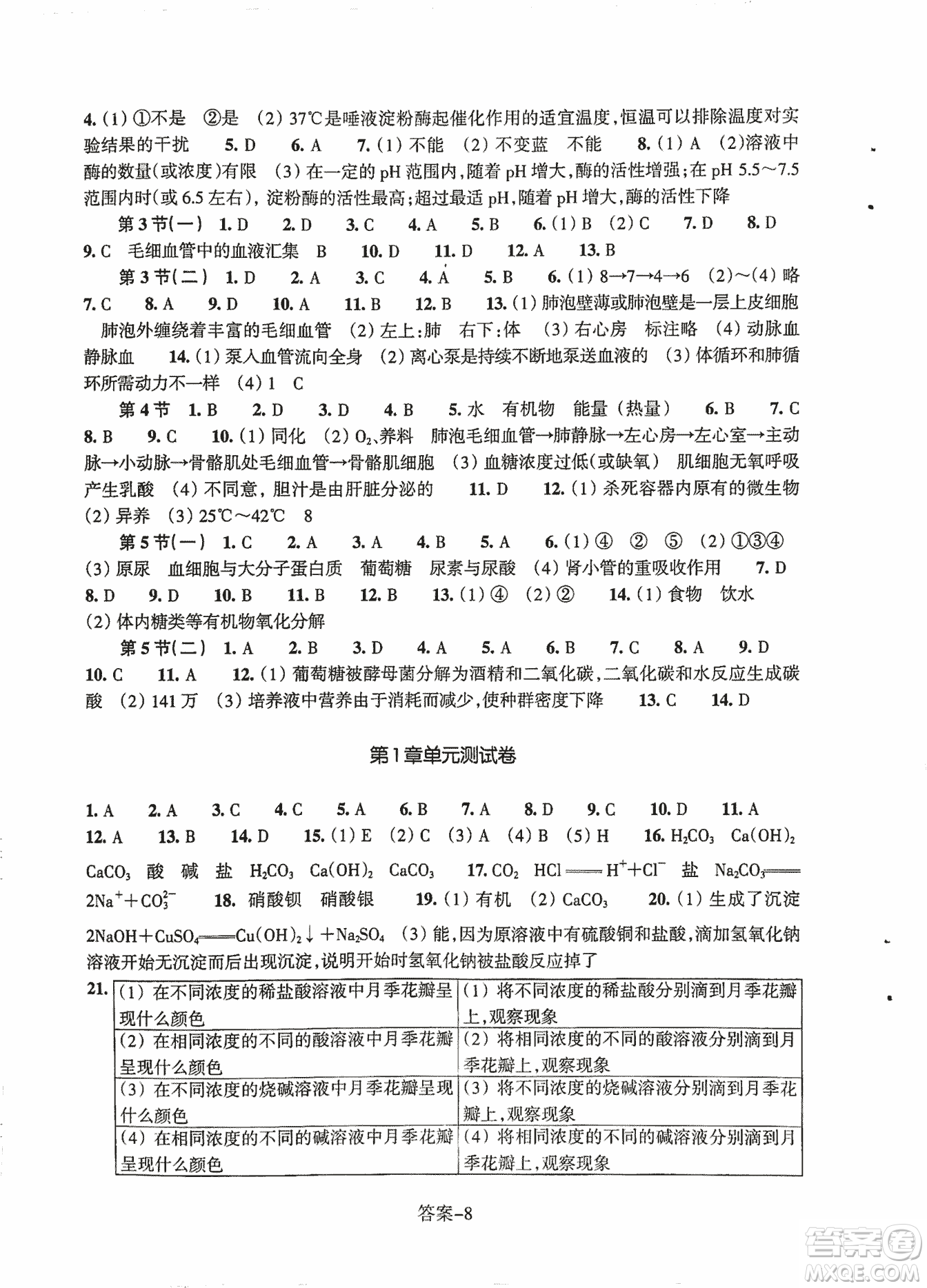 2018每課一練科學(xué)ZH版九年級(jí)上冊(cè)參考答案